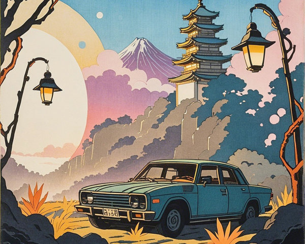 Vintage Blue Car Amidst Scenic Landscape and Pagoda