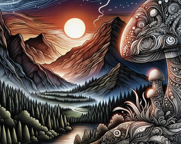 Vibrant Landscape with Mountains and Surreal Twilight Sky