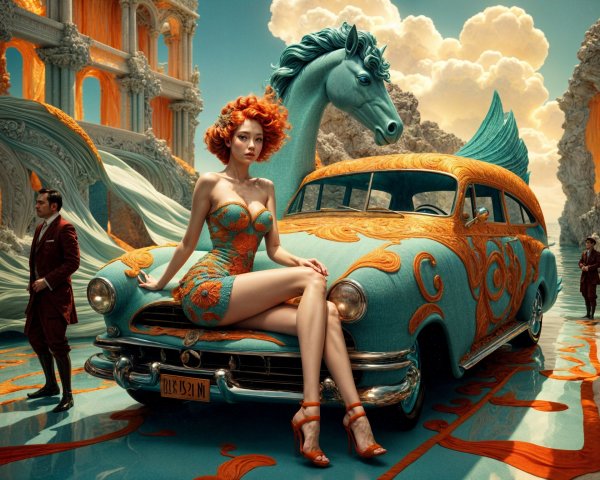 Surreal Scene with Woman, Vintage Car, and Horse Sculpture