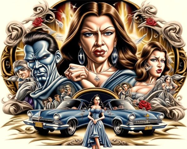 Dramatic Illustration of Vintage Car and Strong Characters