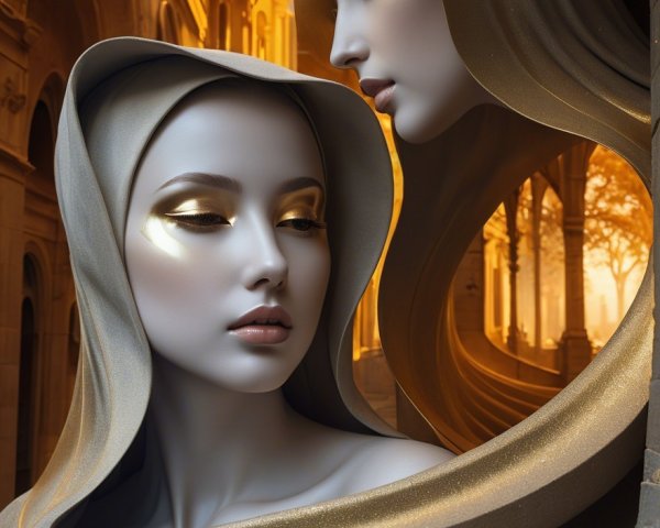 Ethereal Figures in Golden Hoods with Architectural Background