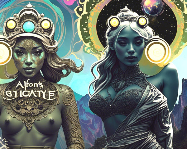Mystical Figures in Ethereal Garments and Cosmic Setting