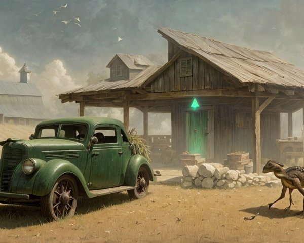 Old Green Pickup Truck by Quaint Wooden Farmhouse