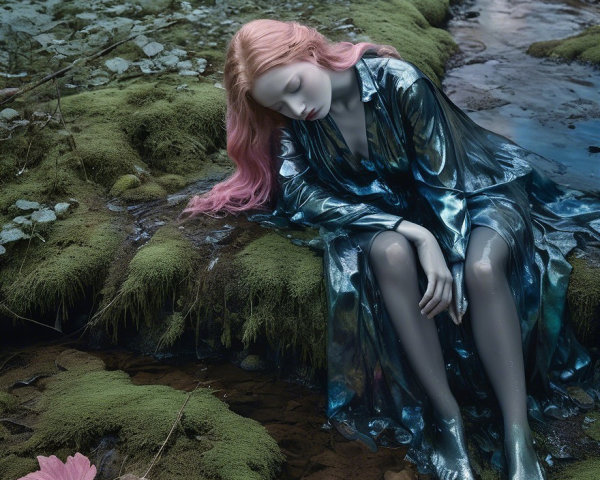 Serene Forest Scene with Ethereal Figure by Stream