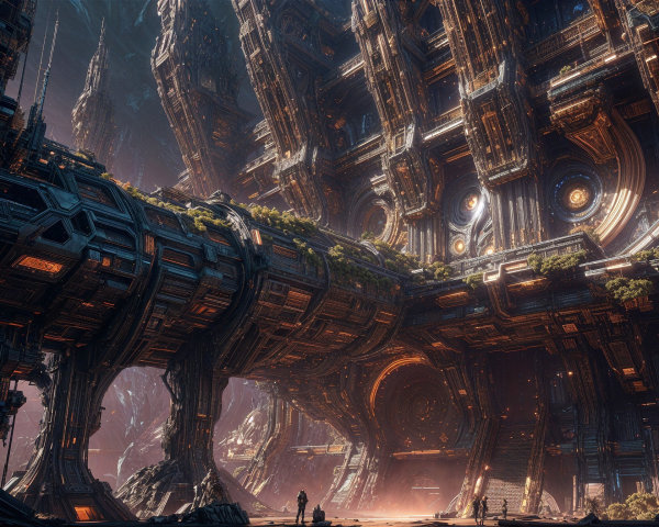 Futuristic landscape with colossal metallic structure