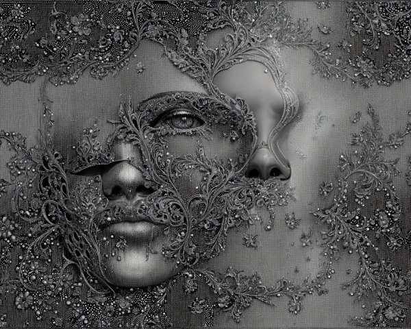 Surreal Composition of Faces and Floral Motifs