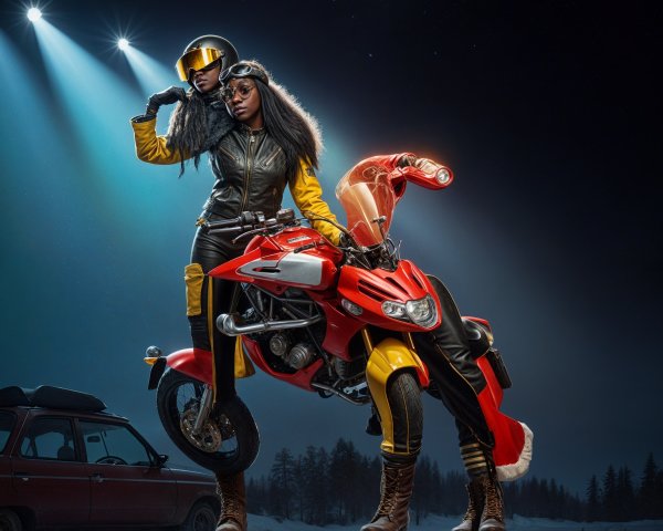 Confident Women on Red Motorcycle in Snowy Setting