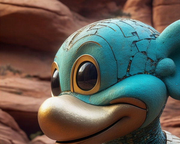 Ancient turquoise creature with golden beak and collar