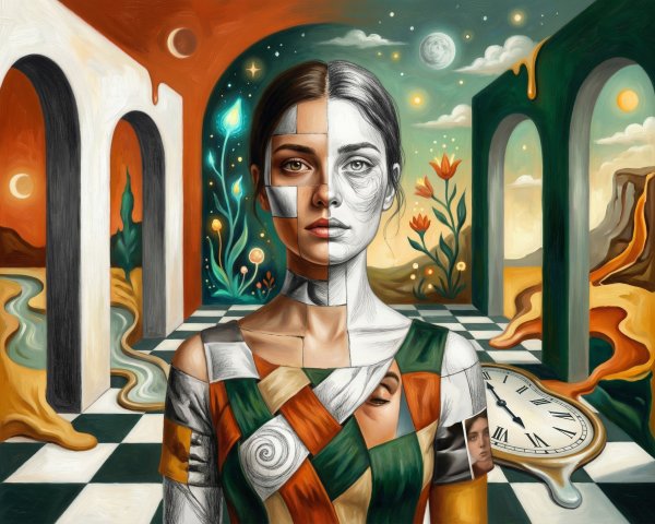 Surrealist Oil Painting of a Split-Faced Woman