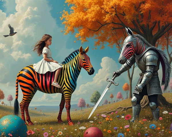 Surreal Landscape with Girl, Zebra, and Knight