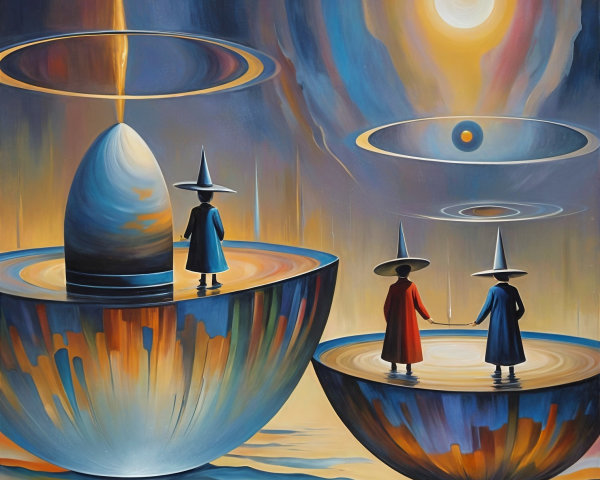 Surreal Landscape with Figures on Spherical Platforms