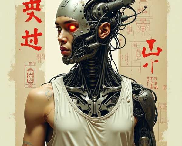 Futuristic humanoid figure with robotic features and design