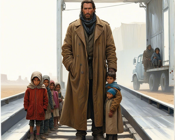 Rugged Man and Vulnerable Children on Train Track Scene