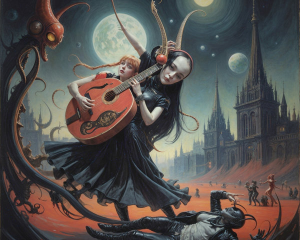 Fantastical landscape with enchanting figures and cityscape