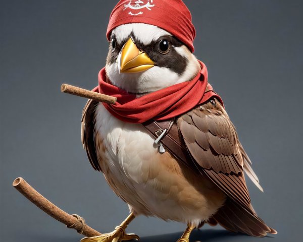 Close-up of a small bird with accessories on grey backdrop