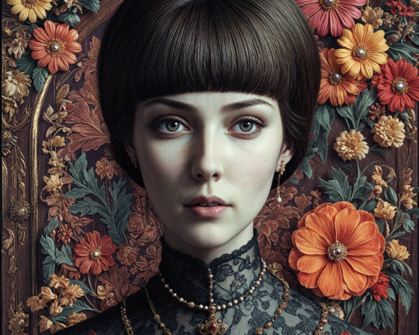 Young Woman in Lace with Floral Background