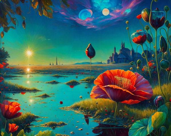 Twilight Landscape with Water, Flowers, and Towers