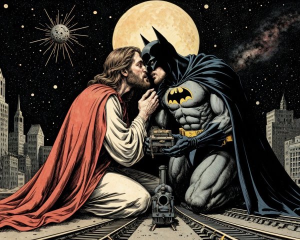 Surreal Night Scene with Batman and Jesus Embrace