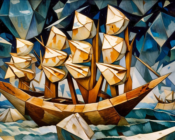 Stylized ship with angular sails in vibrant seascape