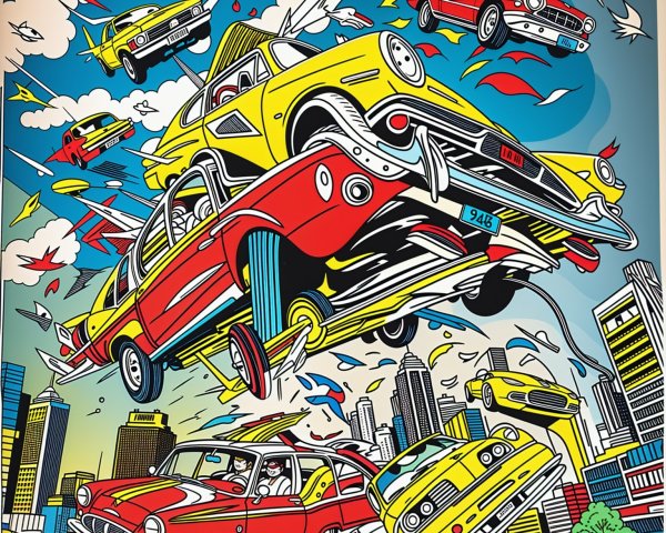 Comic-Style Illustration of Colorful Cars in Sky