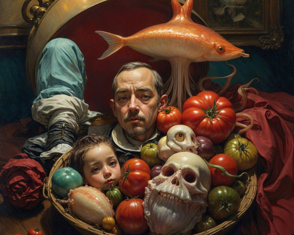Surreal Artwork with Man and Child's Head in Basket