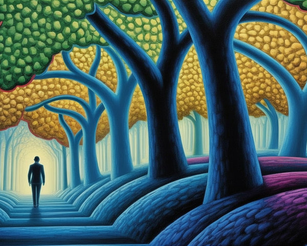 Surreal Landscape with Vibrant Trees and Rolling Hills