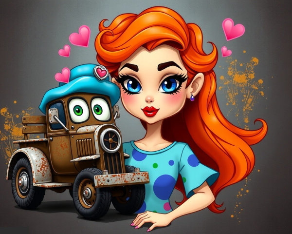 Whimsical Illustration of Cheerful Woman and Vintage Truck