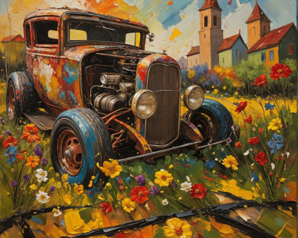 Impressionistic Painting of Hot Rod in Flower Field