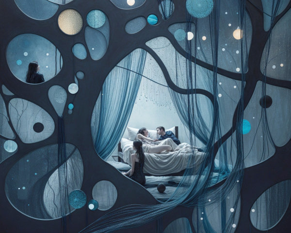 Surreal Bedroom Scene with Dreamlike Elements