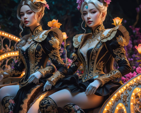 Elegant Figures in Black Gowns in Lush Garden Setting