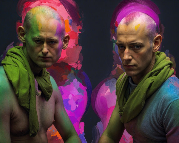Male Figures with Body Paint and Abstract Background