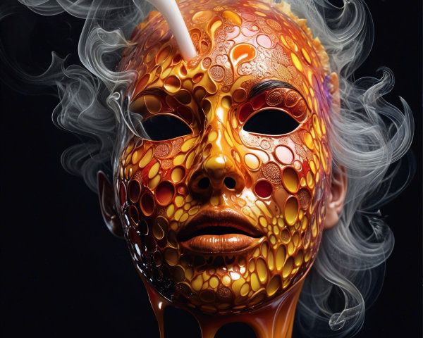 Glossy Honey-Colored Mask with Ethereal Smoke