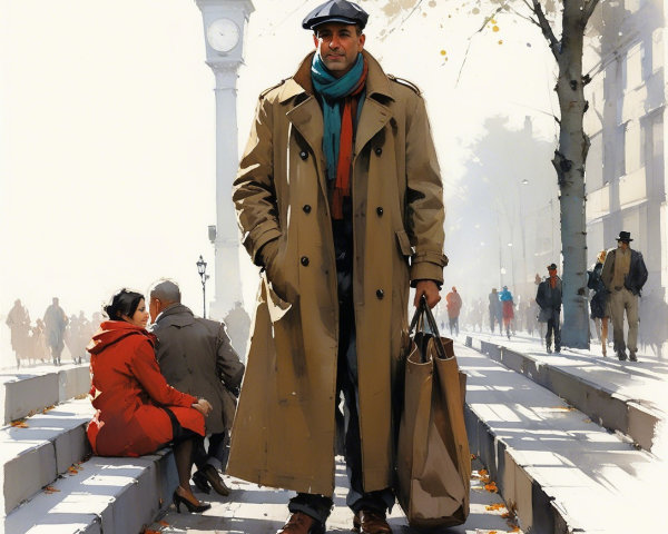 Man in Trench Coat on Misty Urban Street