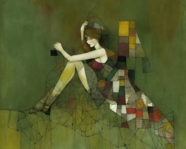 Abstract Woman on Geometric Background with Muted Colors
