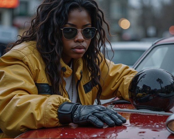 Young Woman in Yellow Jacket by Classic Red Car