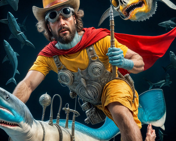 Whimsical character on a fantastical shark in water