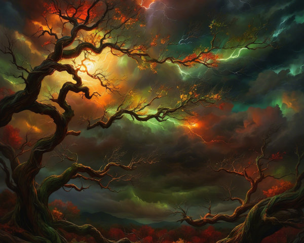 Dramatic Landscape with Ancient Tree and Stormy Sky