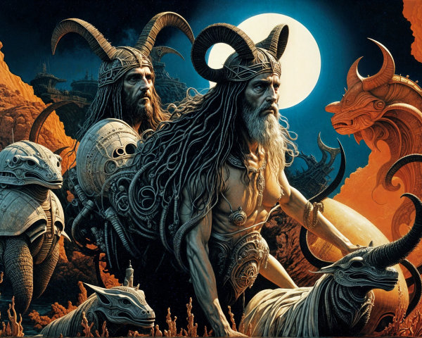 Surreal Landscape with Armored Figures and Creatures