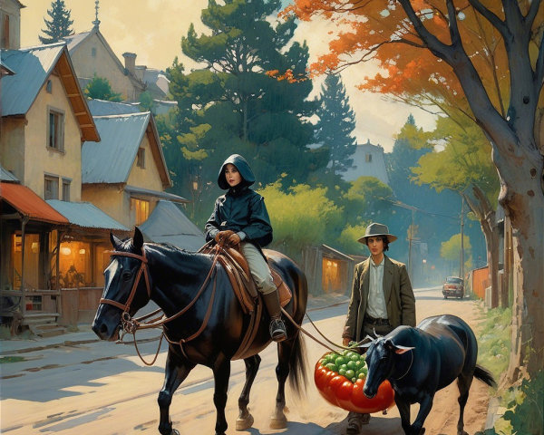 Countryside Scene with Horse, Cow, and Autumn Foliage