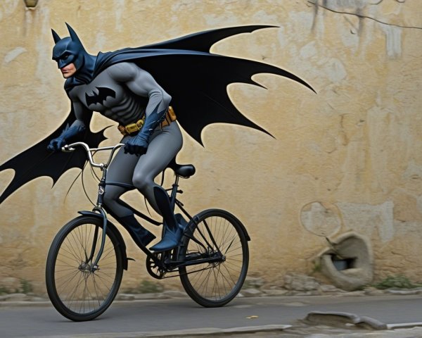 Superhero in Batman Costume Riding Classic Bicycle