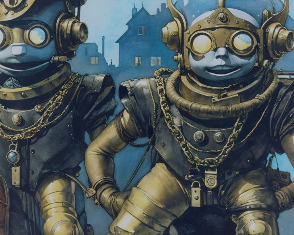 Steampunk Robots with Brass Armor and Goggles