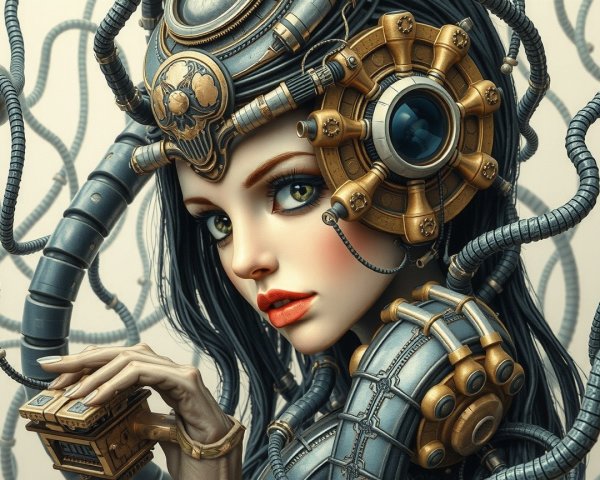 Futuristic Woman with Mechanical Elements and Unique Attire