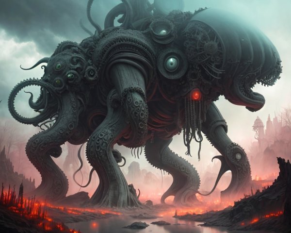 Mechanical Creature in a Desolate Landscape Scene