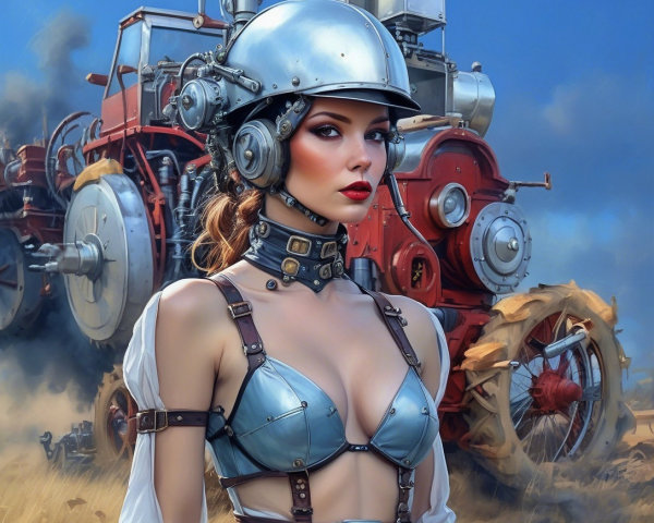 Steampunk Woman in Brassiere and Helmet by Tractor