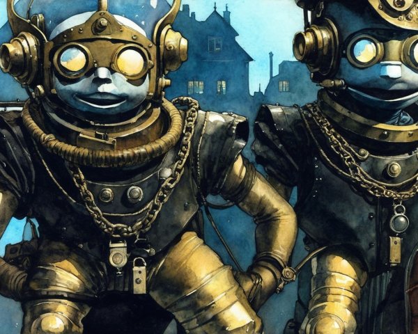 Whimsical Steampunk Robots in Atmospheric Scene