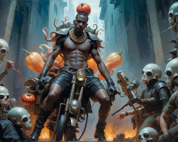 Dystopian Alley with Muscular Figure and Pumpkins