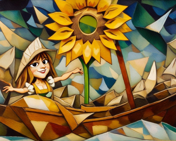 Whimsical Illustration of Girl Sailing in Colorful Landscape