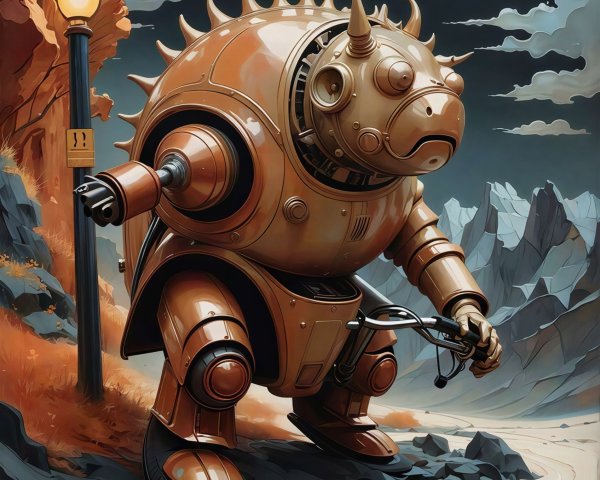 Mechanical Robot in Dark Mountain Landscape with Moon