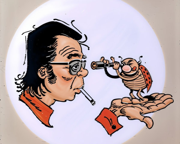 Whimsical Illustration of Man and Cartoonish Bug Interaction