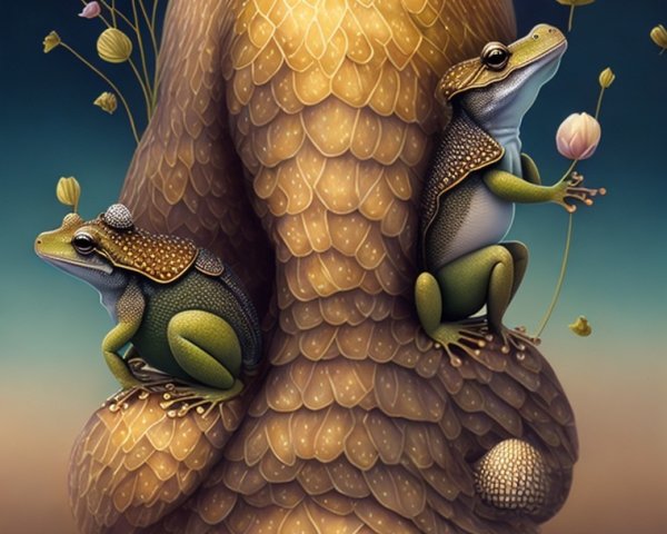 Whimsical Scene with Frogs on Golden Snake Sculpture